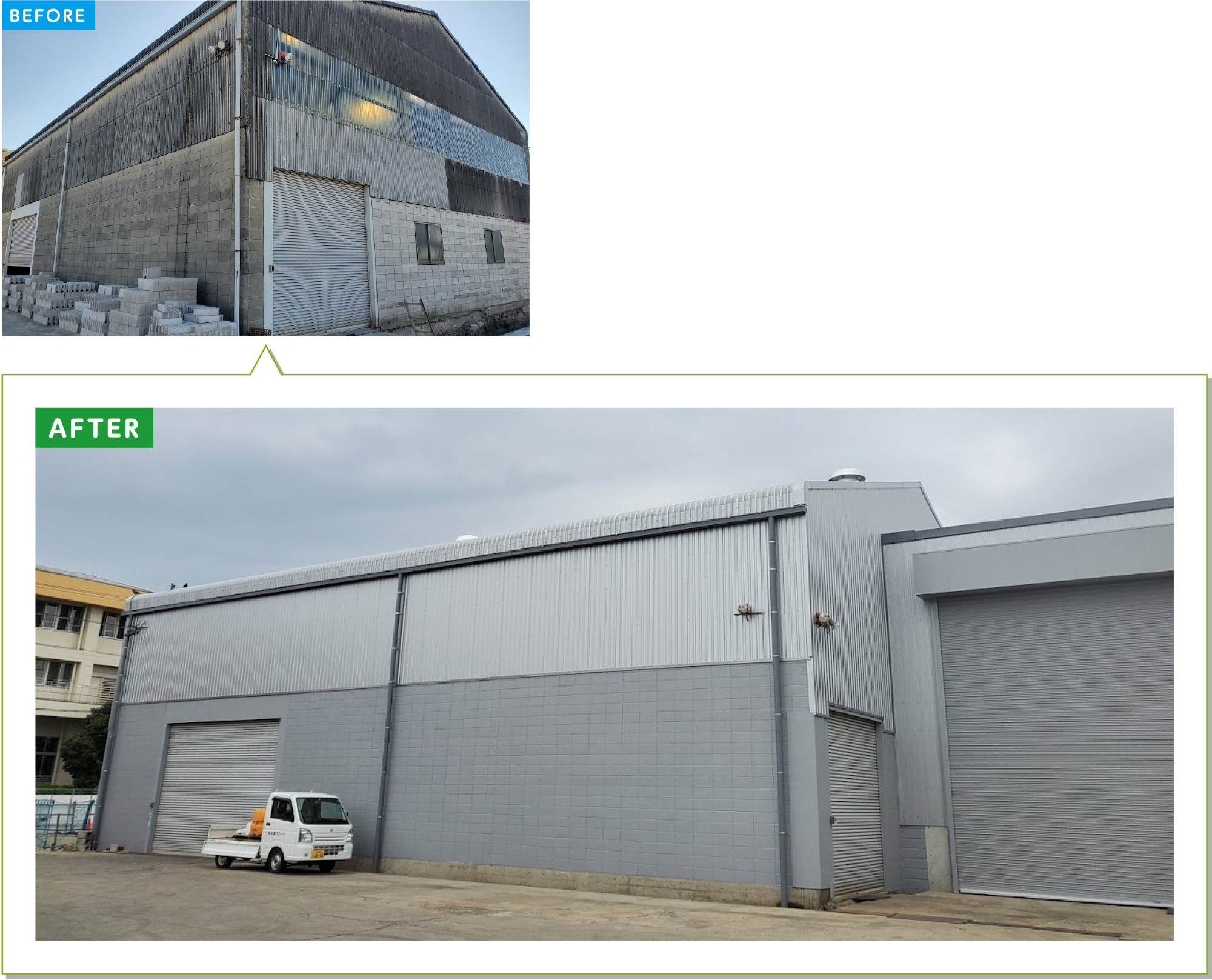 会社・工場の施工例03：倉庫のスレート屋根・外壁をガルバリウムにカバー工法・雨樋交換