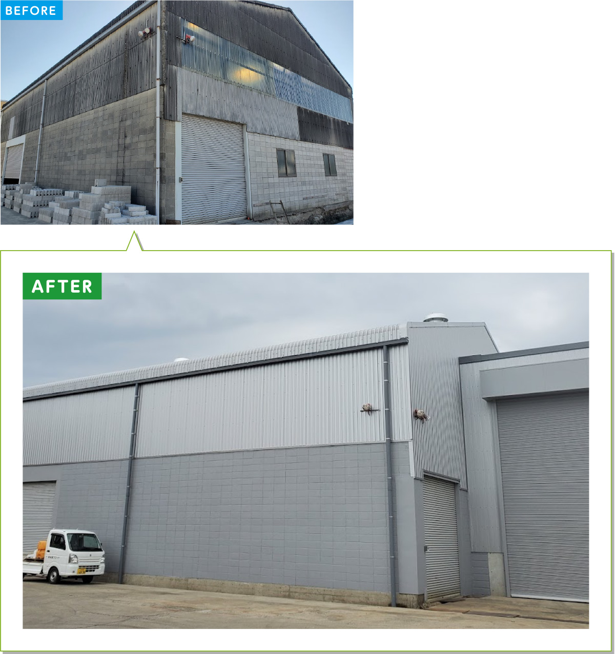 会社・工場の施工例03：倉庫のスレート屋根・外壁をガルバリウムにカバー工法・雨樋交換