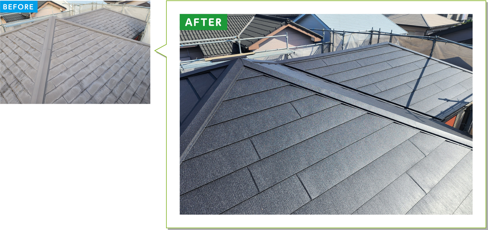 戸建住宅「屋根」の施工事例03：古いカラーベストから断熱入りガルバのカバー工法