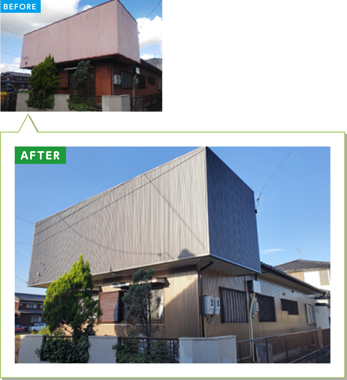 戸建住宅の外壁施工事例02：古くなったトタン板の外壁をガルバリウムに貼り替え