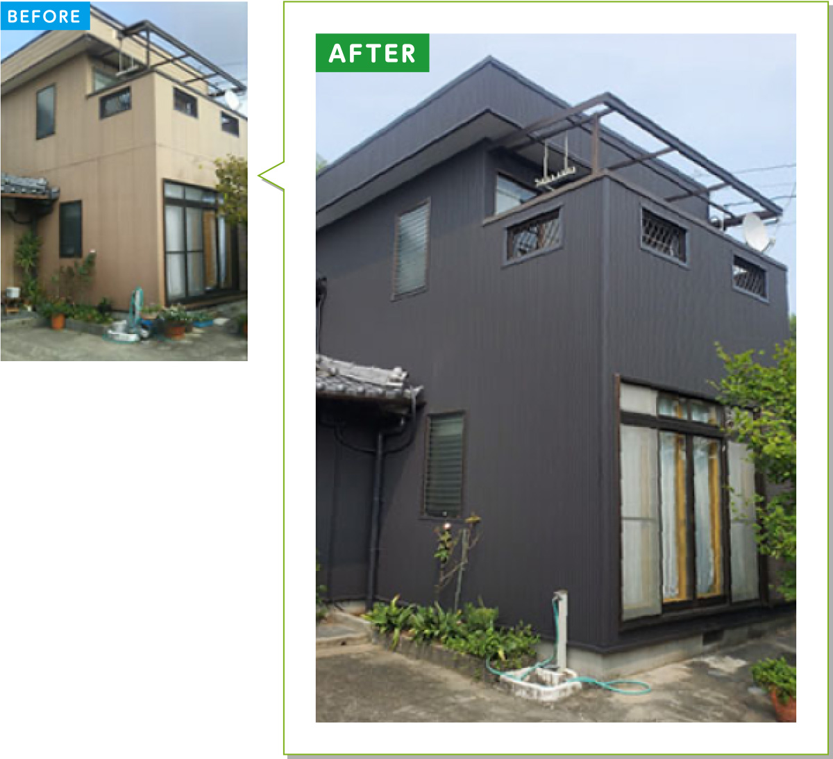 戸建住宅の外壁施工事例04：窯業系サイディングの外壁をガルバリウムカバー工法に