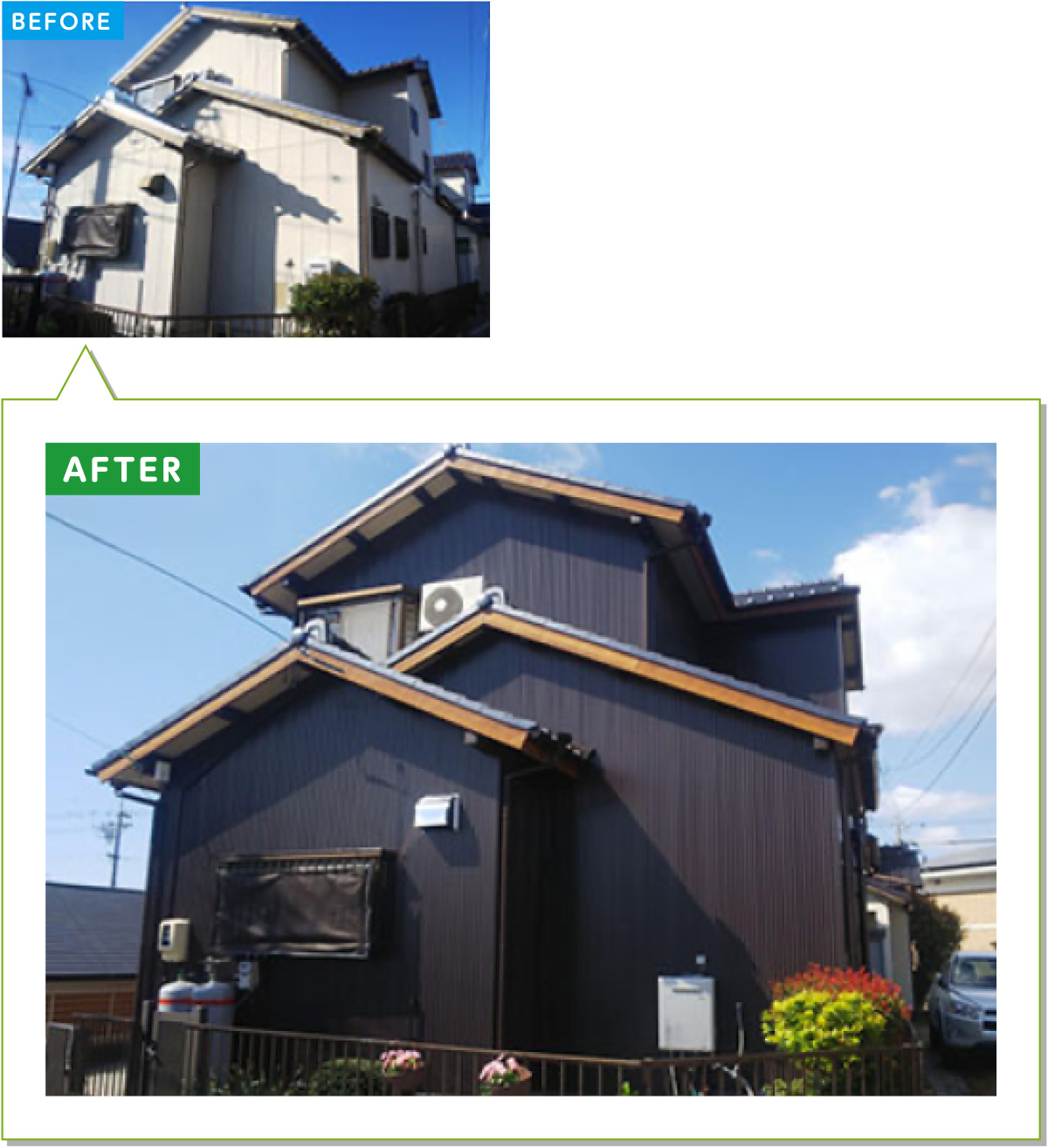 戸建住宅の外壁施工事例08：窯業系サイディングの外壁をガルバリウムカバー工法に