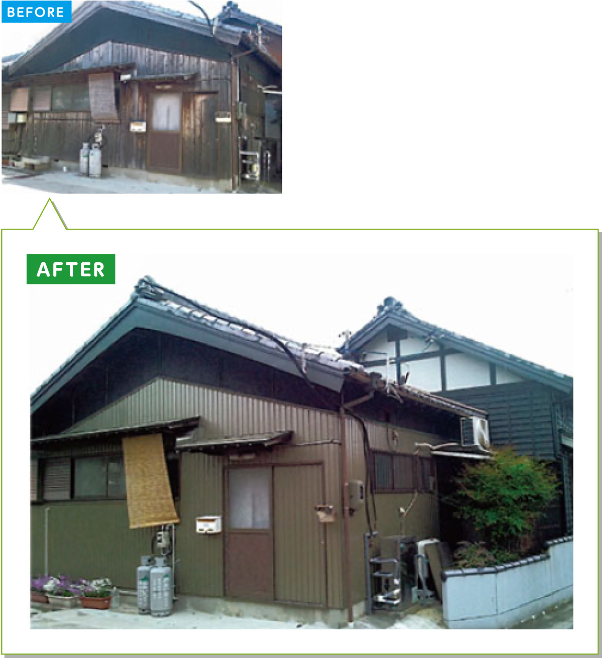 戸建住宅の外壁施工事例14：木の板の外壁をガルバリウム工法で包む