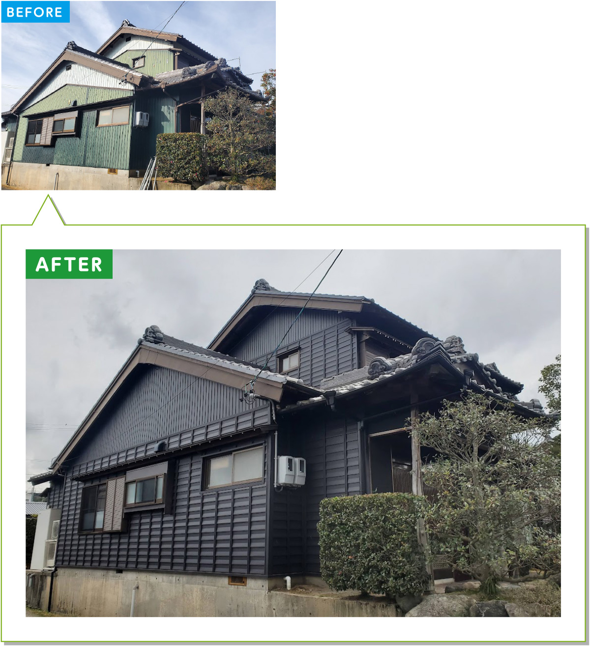 戸建住宅の外壁施工事例15：ヨロイ張りのトタン外壁、屋根をガルバリウム工法に