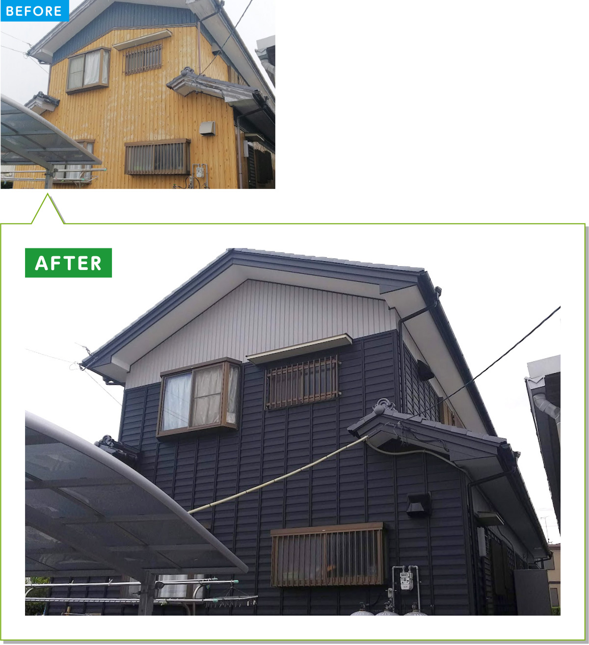 戸建住宅の外壁施工事例16：トタンのヨロイ張りの屋根、破風をガルバリウム工法に